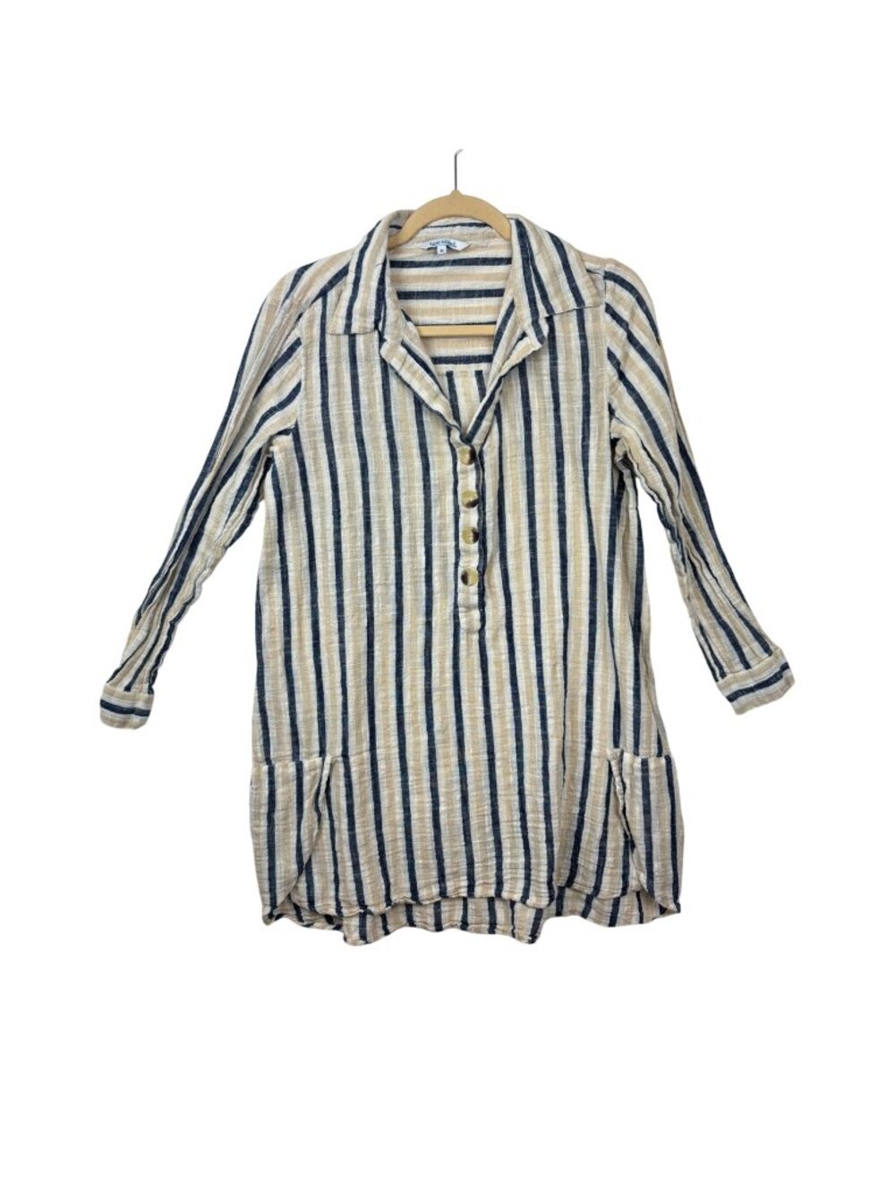 ✨3/$30 Blue Island M Striped Tunic Top100% Cotton Navy/Beige Coastal Grandmother